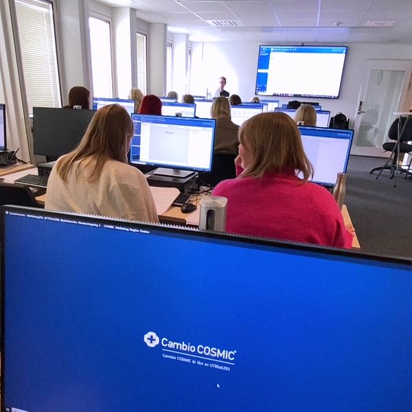 I ett kontorsutrymme sitter flera personer vid sina datorer och deltar i en presentation.