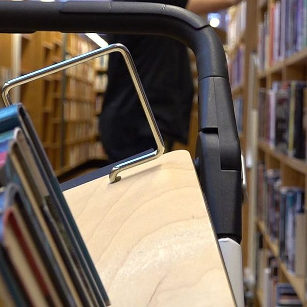 Bokhyllor i bibliotek med böcker.