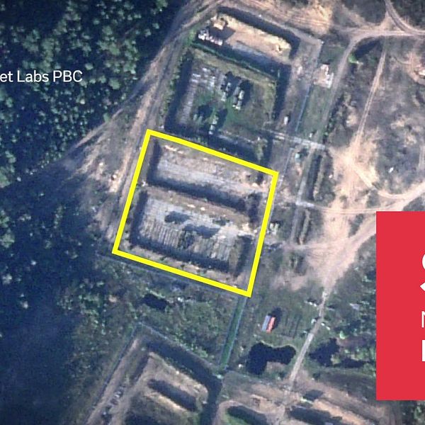 Satellitbild av Luga med markerad anläggning och SVT Nyheter Direkt-logga