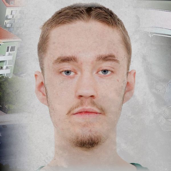 Montage med polisinsats, maskerad man och suddad porträttbild av Fredric Gülich Brendling