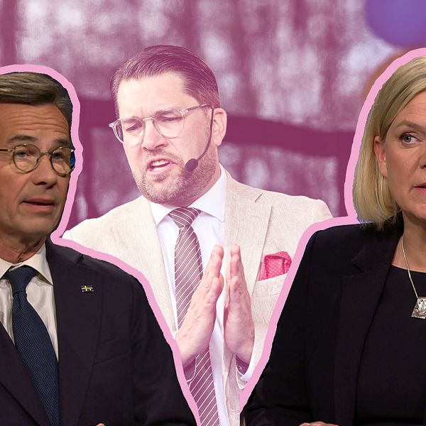 Ulf Kristersson (M) och Magdalena Andersson (S) tittar mot varandra. Jimmie Åkesson (SD) står i bakgrunden. Bilden är ett montage.