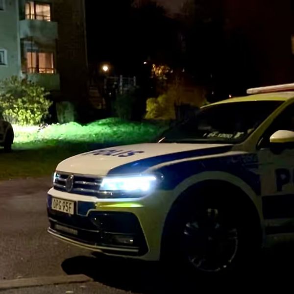 En polisbil med tända lysen står invid en gata, och en annan polisbil syns invid ett hus i bakgrunden.