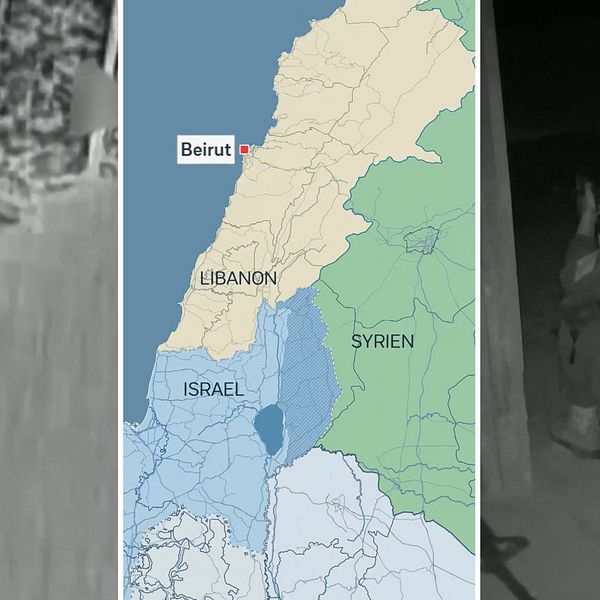 Satellitbild, karta över Israel, Libanon och Syrien, samt soldat på huk.