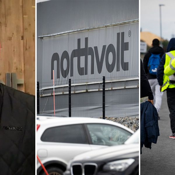 Bildens vänstra del visar en person i svart väst med en namnbricka från Northvolt. I mitten syns en stor skylt med texten ”northvolt” på en fabriksvägg. Den högra delen av bilden visar flera personer som går mot en anläggning, en av dem bär en gul reflexjacka med Northvolt-logotypen.