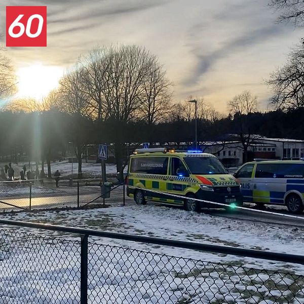 Två polisfordon står parkerade på en snötäckt gräsmatta, med solnedgången i bakgrunden. En del av en park är synlig med träd och människor i bakgrunden.