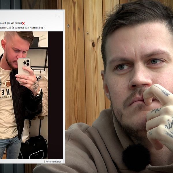 Christoffer som blivit uthängd med bild i en fuckboygrupp på facebook. På bilden syns en gaal selfie på honom som lagts ut i gruppen.