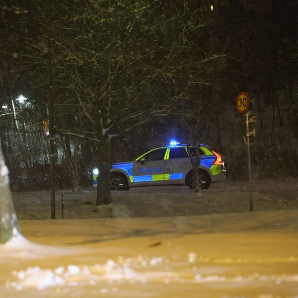 En polisbil med blåljus står parkerad på en snö täckt väg i mörker. I bakgrunden syns svaga ljus från byggnader och vägskyltar.