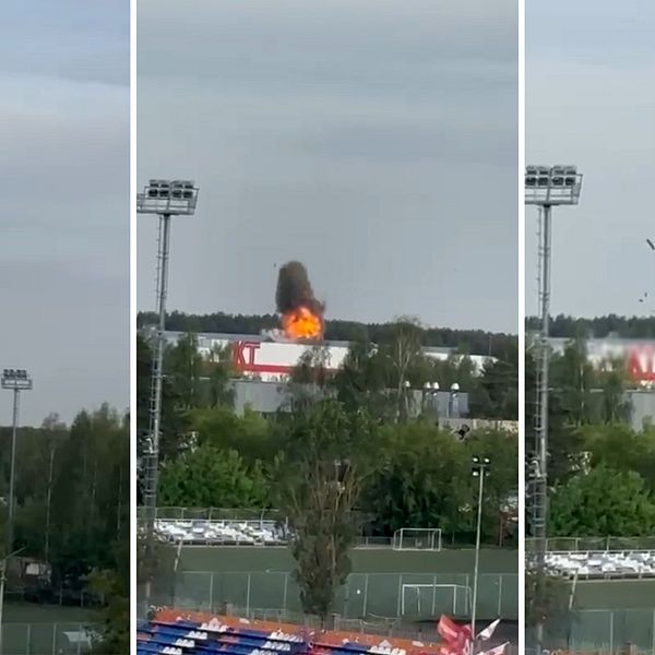 Sekvens som visar en drönares färd och explosion vid en byggnad nära ett idrottsområde.