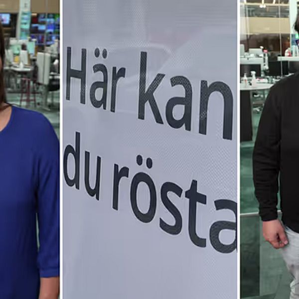Venla Odenbalk och Kimmo Tetri i SVT Uutiset-studio med valaffisch i bakgrunden