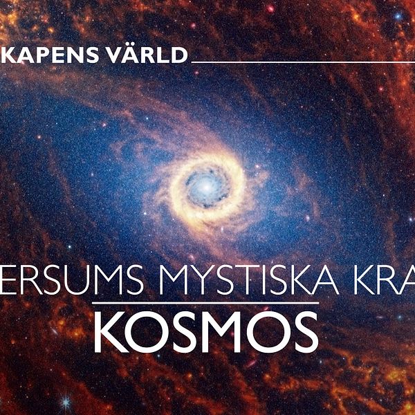 En färgglad galax med virvlande stjärnor och gasmoln i bakgrunden, präglad av texten ”VETENSKAPENS VÄRLD” och ”UNIVERSUMS MYSTISKA KRAFTER KOSMOS” centrerad i bilden.