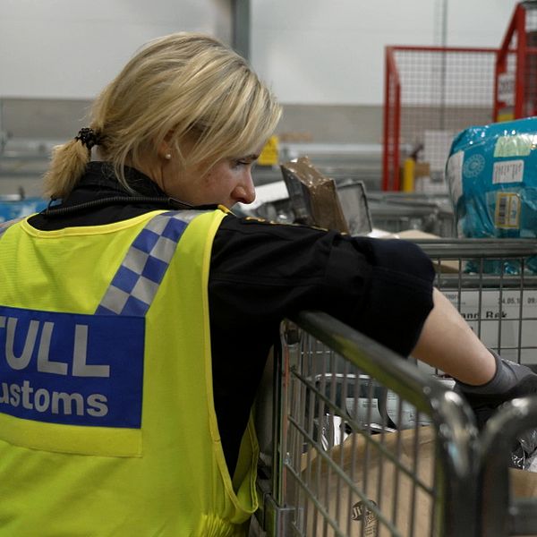 Tullinspektör letar efter paket med sanktionsvaror