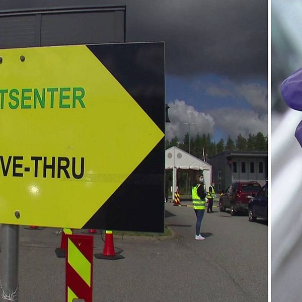 Tvådelad bild. Vänster: Koronatestcenter drive-thru skylt. Höger: Hand med testtub.