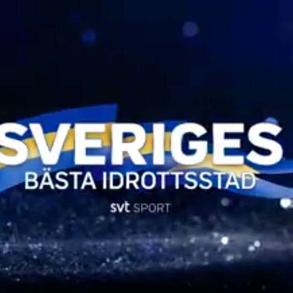Grafik med texten ”Sveriges bästa idrottsstad” i blått och gult mot mörk bakgrund