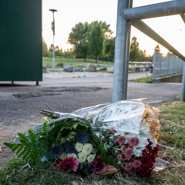 En bukett blommor ligger på marken bredvid ett metallräcke på en gräsmatta, i närheten av en gångväg med en grön container och en närliggande byggnad. Solen är på väg ner och ger ett mjukt ljus över scenen.