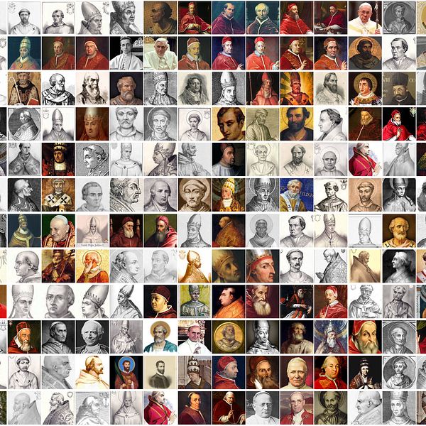 Collage av många historiska porträtt av påvar målat och tecknat, både i färg och svartvitt.