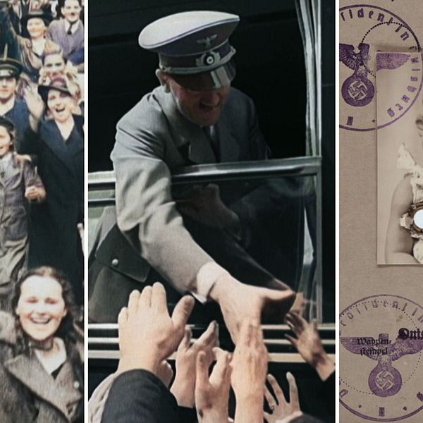 Bilder från SVT:s nya serie ”Sverige och kriget”. Vänster: glada människor i folkmassa. Mitten: Hitler i uniform hälsar på människor. Höger: gammalt pass med stämplar.