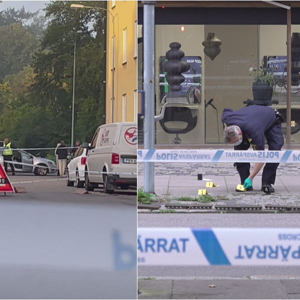 två bilder från två brottsplatser i Gävle där det skjutits mot en frisersalong och ett garage