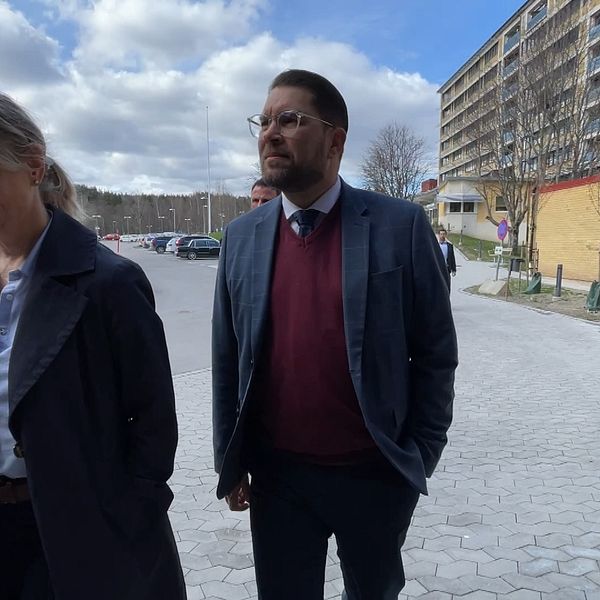 Personer promenerar bredvid byggnader, en återspeglar en blå himmel med moln.