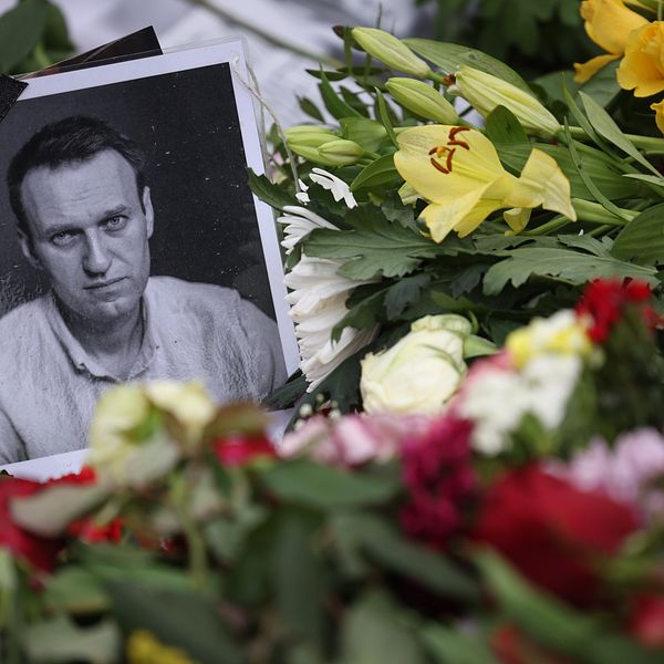 Ett fotografi på Aleksej Navalnyj i ett blomhav