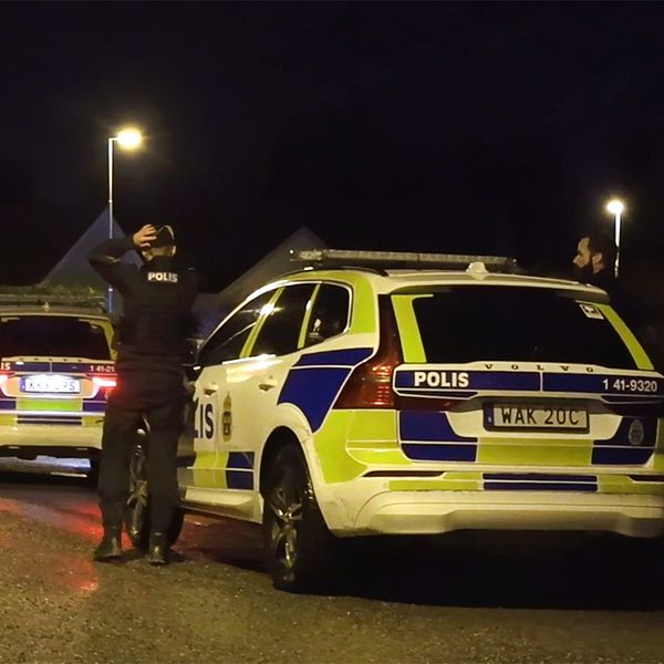 Poliser arbetar vid en väg med två patrullbilar i mörkret, där en av dem är siktad mot kameran och den andra står längre bort. Flera poliser är synliga, varav en står med händerna på huvudet, vilket tyder på en pågående incident. Belysning från gatlyktor illuminera scenen.