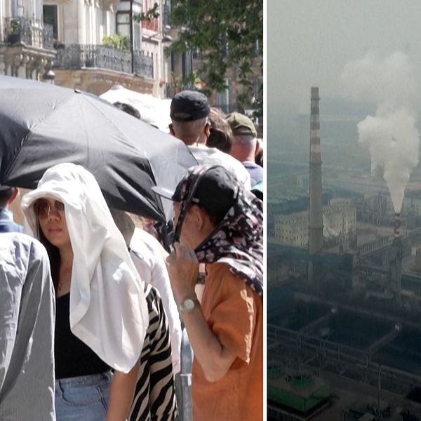 Folksamling i värmebölja och rykande industriområde i disigt väder