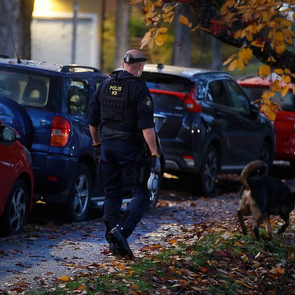 Polis med hund vid avspärrning i bostadsområde i södra Stockholm