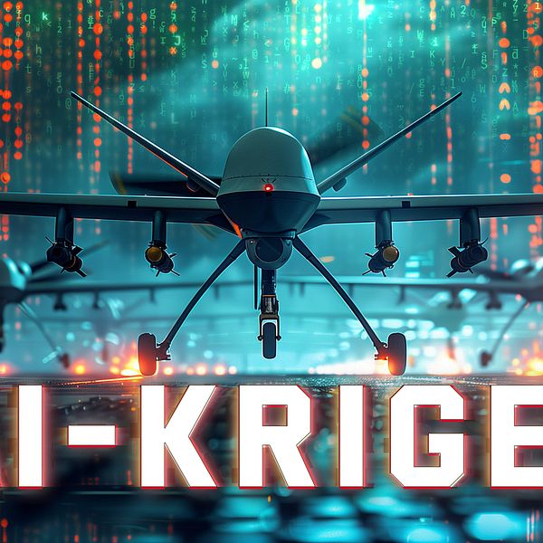 Illustration med drönare framför digital bakgrund, texten ”AI-KRIGET” i förgrunden.