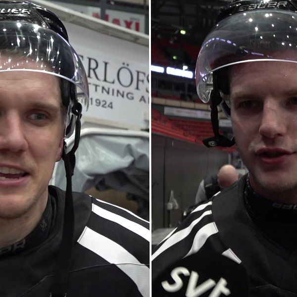 Delad bild. Vänster: hockeyspelare med visir. Höger: annan hockeyspelare på isrink.
