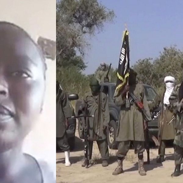 Kvinna intervjuas via videolänk. Till höger står maskerade män med vapen.