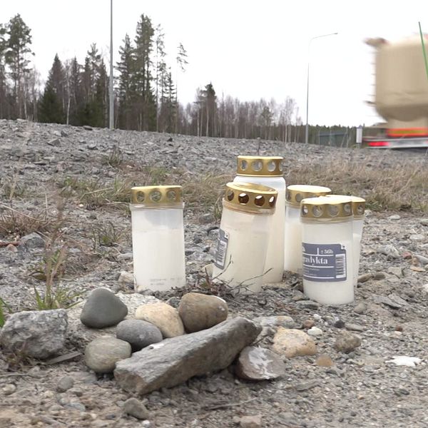 Gravljus och stenar vid vägkant, lastbil syns suddigt i bakgrunden.
