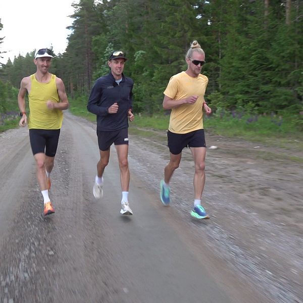 Tre män som springer på en skogsväg