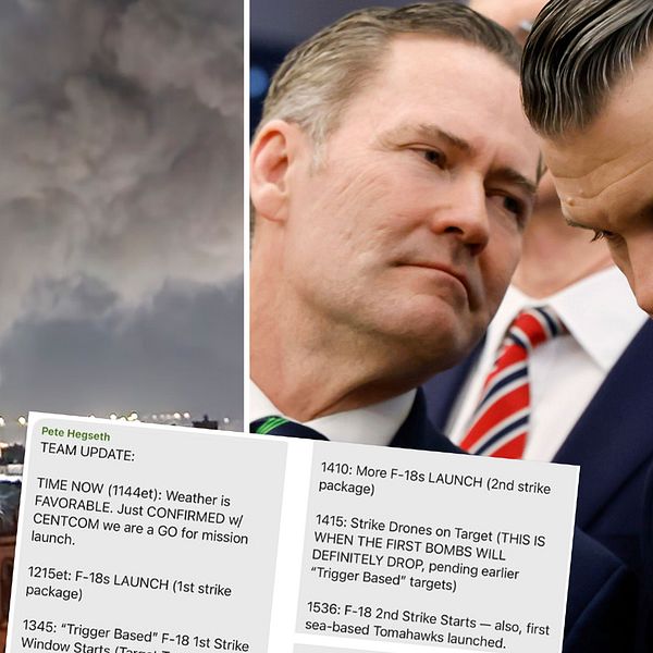 Delad bild. Vänster: rök över en stad på natten. Höger: dokument med text om möte.