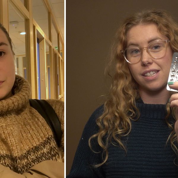 En delad bild som visar två sektioner. Den vänstra sektionen visar en person i en stickad tröja med en varm färg, som står i en korridor med fönster bakom. Den högra sektionen visar en person med lockigt hår som håller upp en blisterförpackning med läkemedel, klädd i en mörk tröja.
