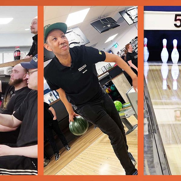 Tredelad bild. Vänster: high-five bland bowlare. Mitten: man kastar bowlingklot. Höger: klot rullar mot käglor.