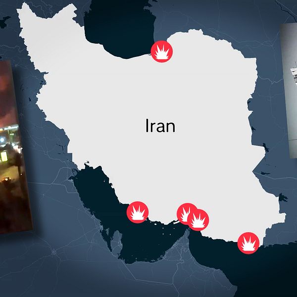 Karta över Iran med markeringar för amerikanska attacker och små inzoomade bilder av platserna
