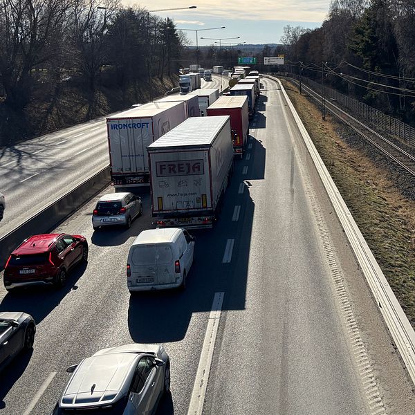 Trafikstockning på motorväg vid sidan av järnvägsspår, kvarstående vinterträd.