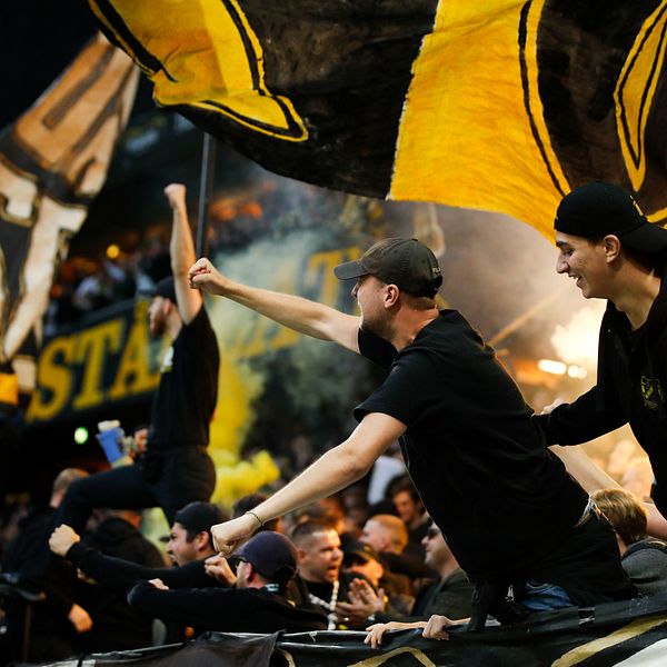 Fotbollsfans jublar, flera av dem med näven i luften i ett publikhav med flera flaggor.