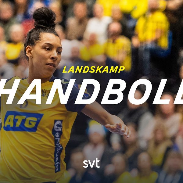Handbollsspelare i landslagsdräkt under match, text ”Landskamp Handboll”.