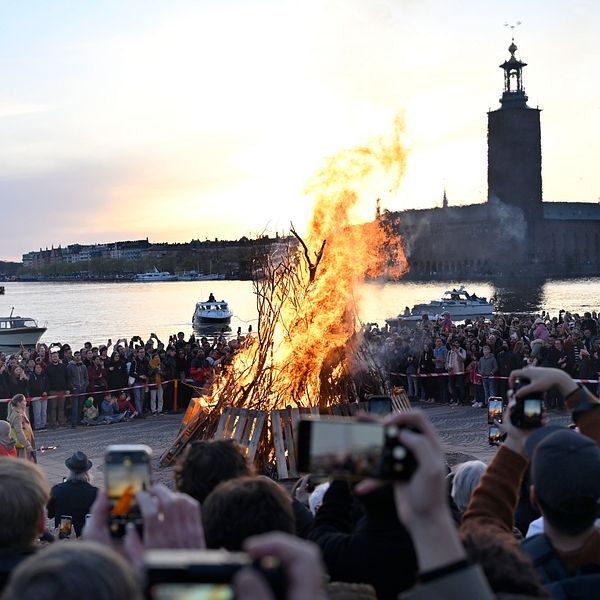 Stor folkmassa vid en majbrasa vid vattnet med Stadshuset i bakgrunden.