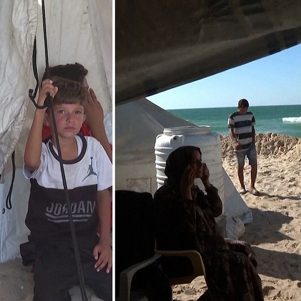 Boende i tältlägret Al-Mawasi, Khan Younis, vid havet efter evakuering från norra Gaza.