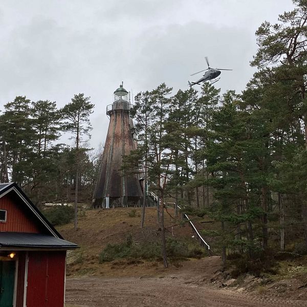 Röd stuga i skogsmiljö, med en fyr i bakgrunden på en mulen dag.