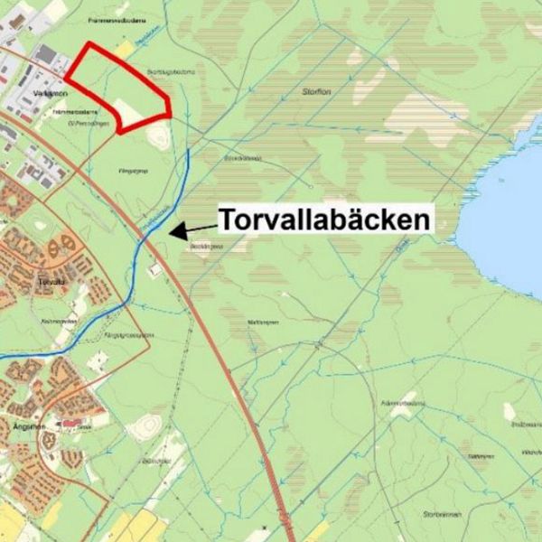Karta över Torvallabäcken med markerat område i rött.