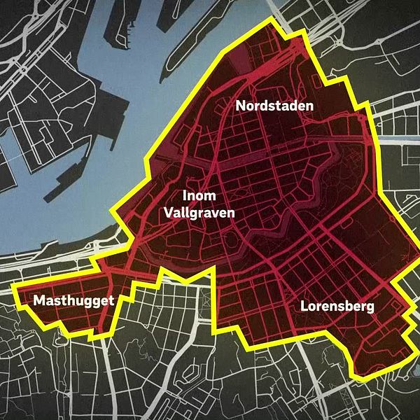 Karta över central Göteborg, inritat i rött.