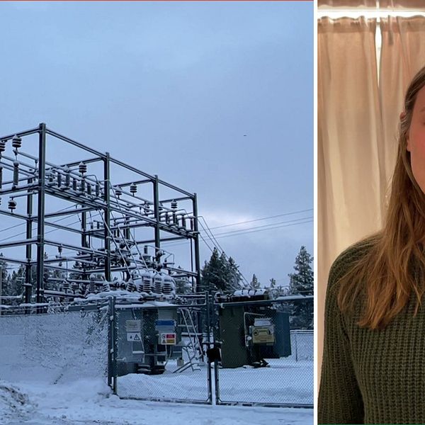 Bild på elledningar och Emelie Ottosson som är näringslivschef i Åsele
