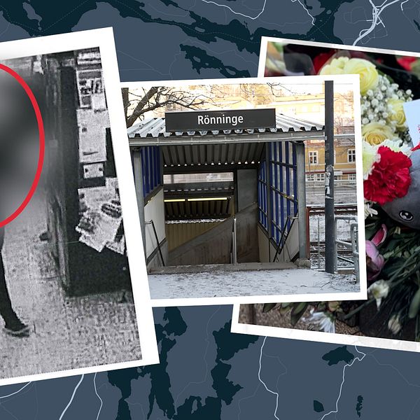 Tre bilder: övervakningsbild av 25-åringen, Rönninge station och blommor vid minnesplats.