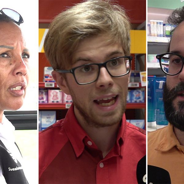 Tredelad bild. Till vänster: kvinna i arbetskläder. I mitten och höger: två personer i butiksmiljö.