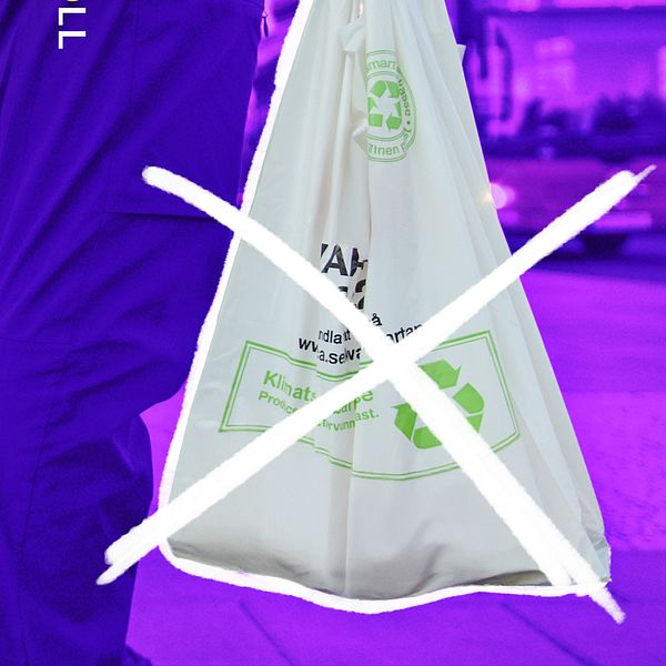 En plastpåse med ett kryss över, symboliserar förbud.