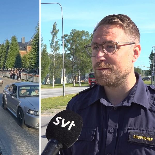 Folksamling i centrala Umeå under Wheels och Joel Berglund gruppchef på polisen i Umeå utanför polisstationen