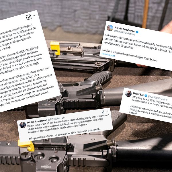 Tweets samt en bild på vapen i bakgrunden.