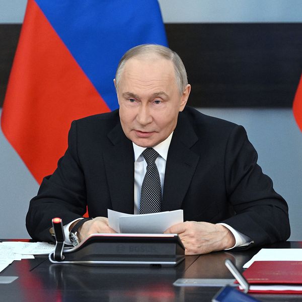 Vladimir Putin i kostym vid skrivbord med ryska flaggor i bakgrunden.